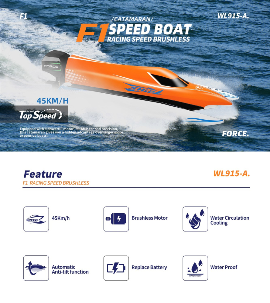 WLtoys F1 Boat 915 Brushless Orange Komplett SamiRC